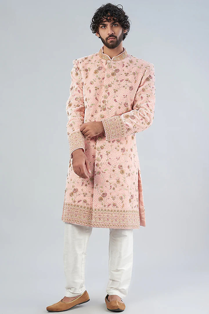 Pink velvet sherwani