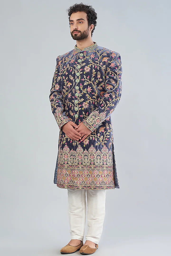 Blue velvet sherwani