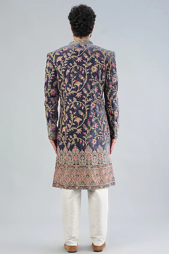 Blue velvet sherwani