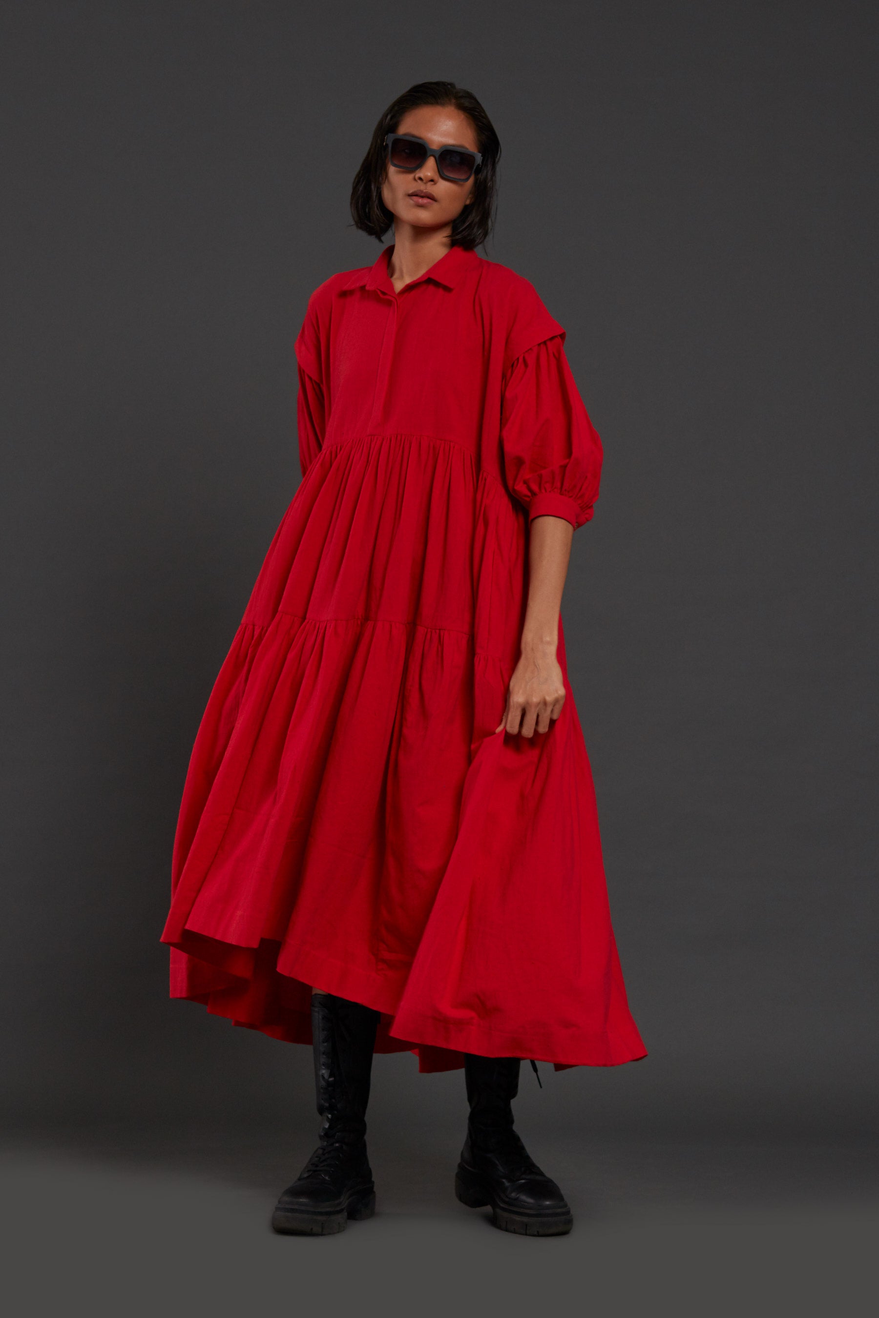 Red Tiered Shirt Dress