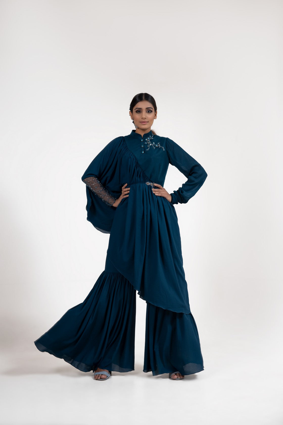 Teal blue kaftan style kurta gharara set