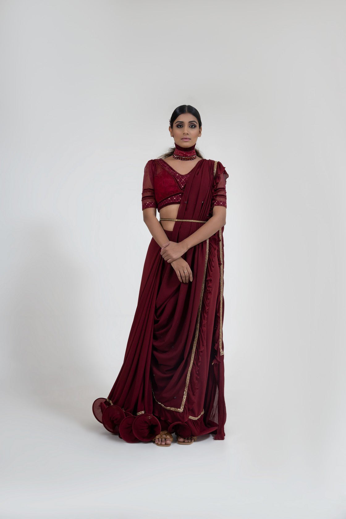 Maroon boning pre-drape saree