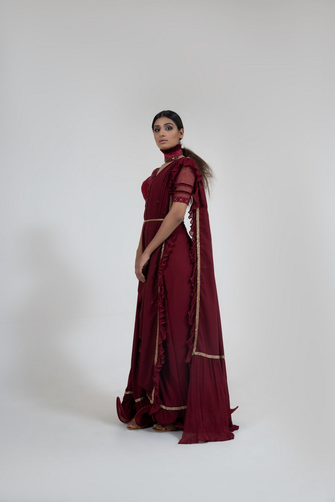 Maroon boning pre-drape saree