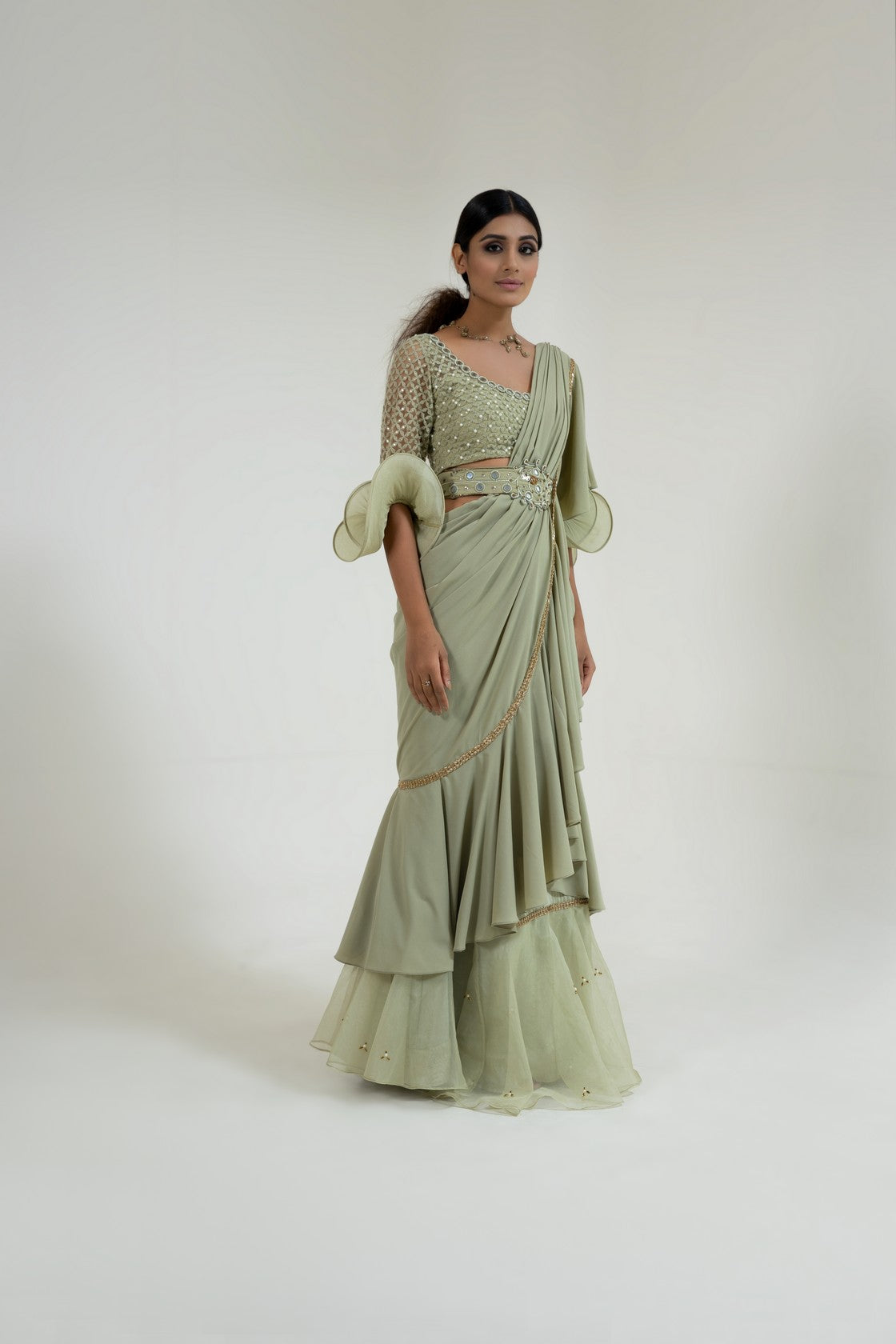 Pre-drape ruffle saree