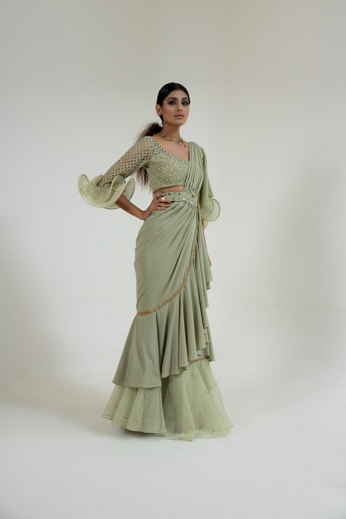 Pre-drape ruffle saree