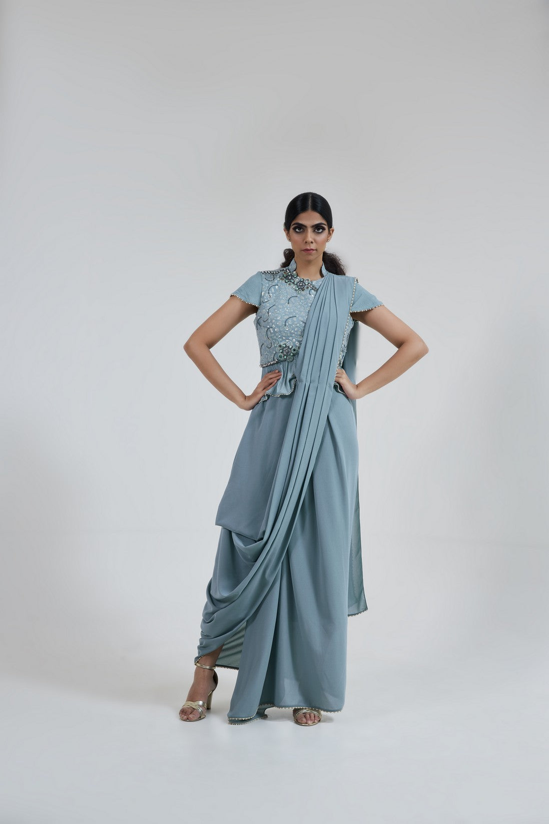 Ice blue pre-draped dhoti Set