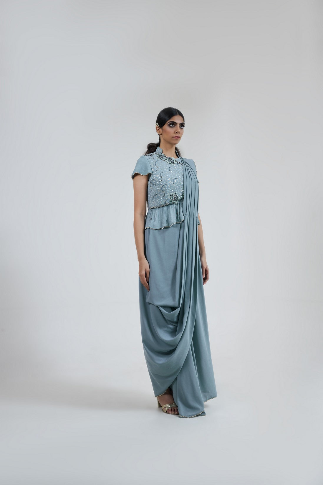 Ice blue pre-draped dhoti Set