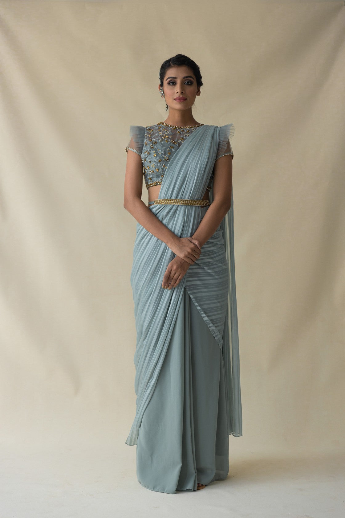 Powder blue pre-drape saree