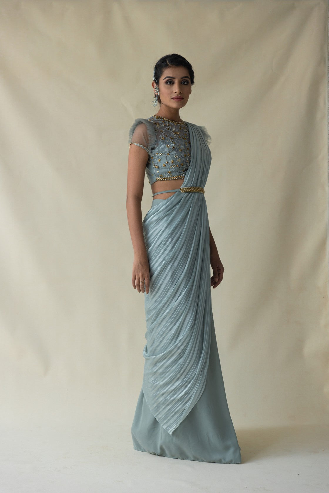 Powder blue pre-drape saree