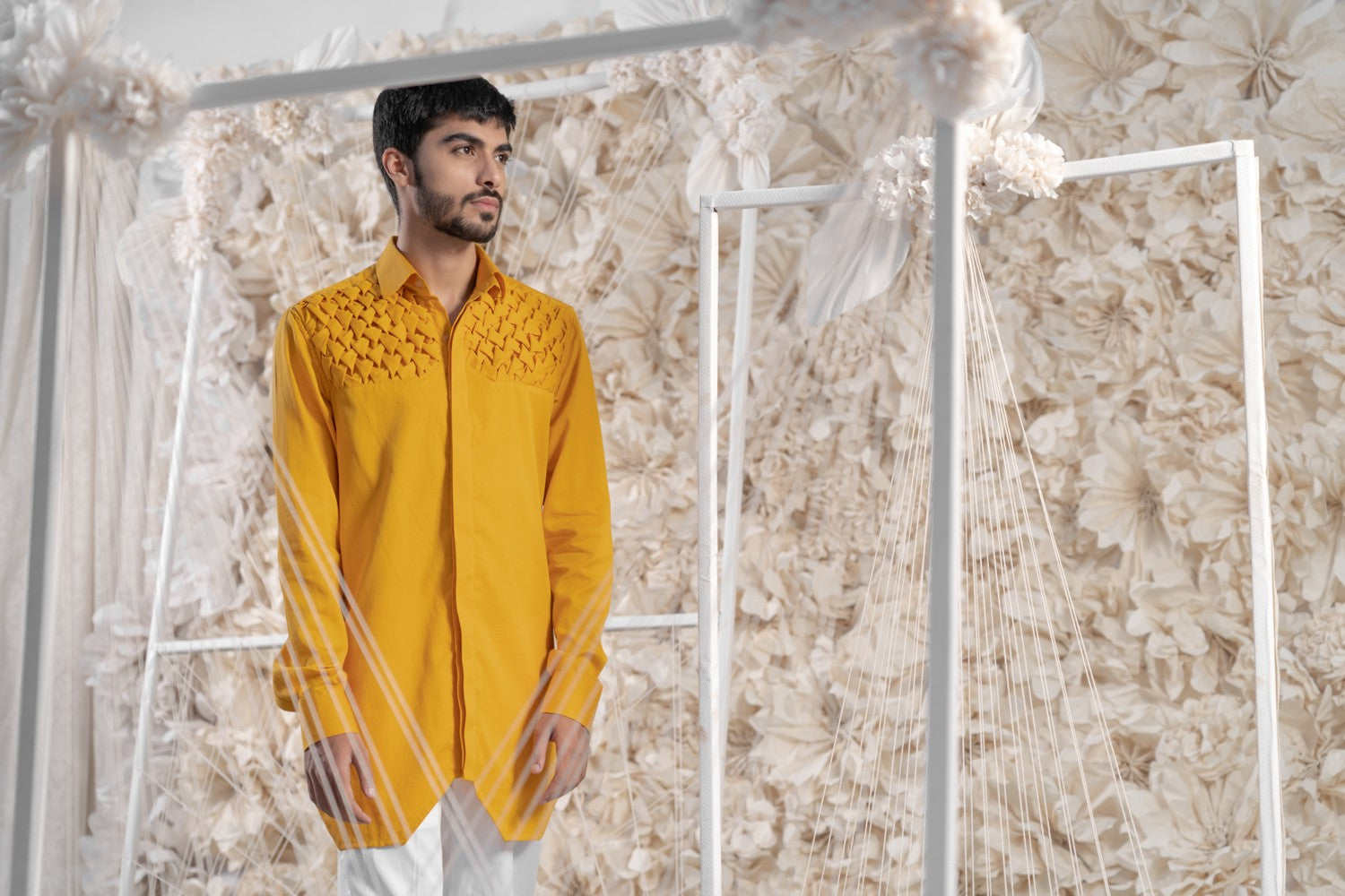 MUSTARD SMOCKING SHORT KURTA/TUXEDO SHIRT