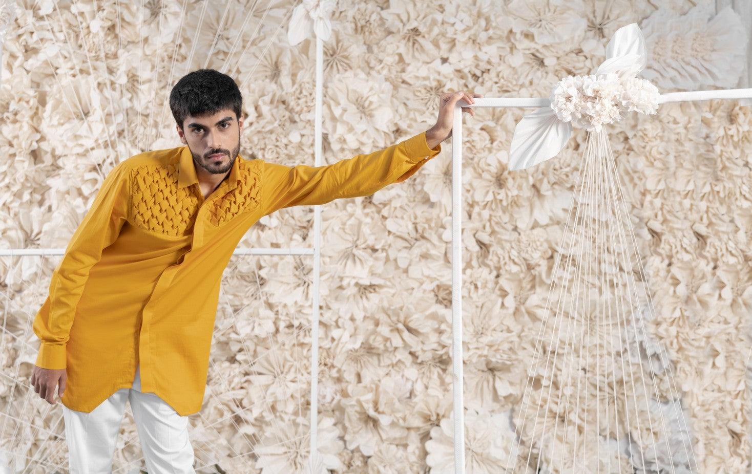 MUSTARD SMOCKING SHORT KURTA/TUXEDO SHIRT