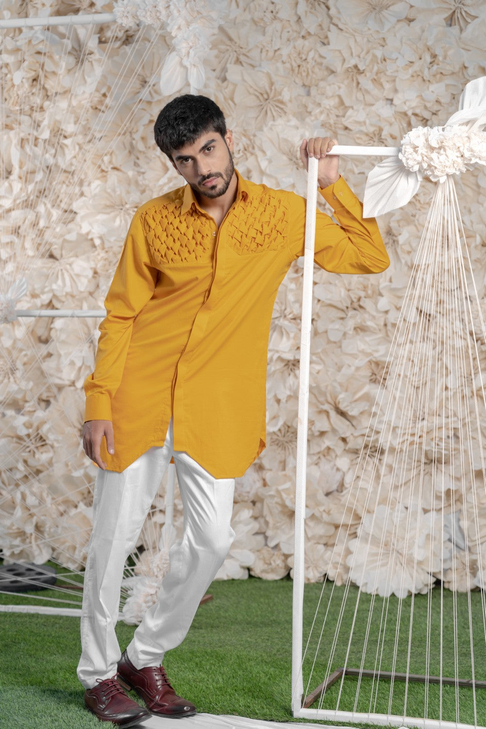 MUSTARD SMOCKING SHORT KURTA/TUXEDO SHIRT