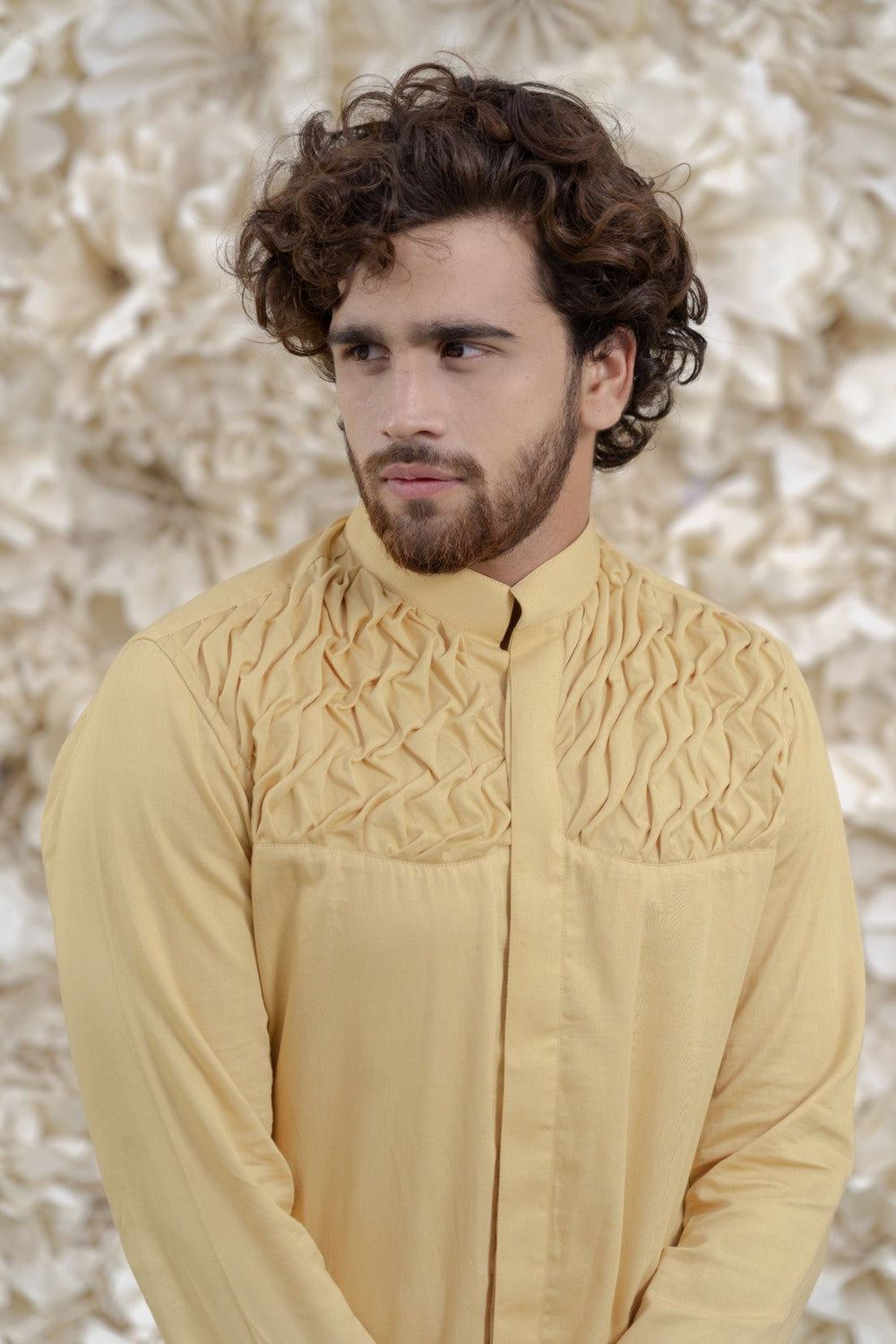 CREAM SMOCKING SHORT KURTA TUXEDO SHIRT