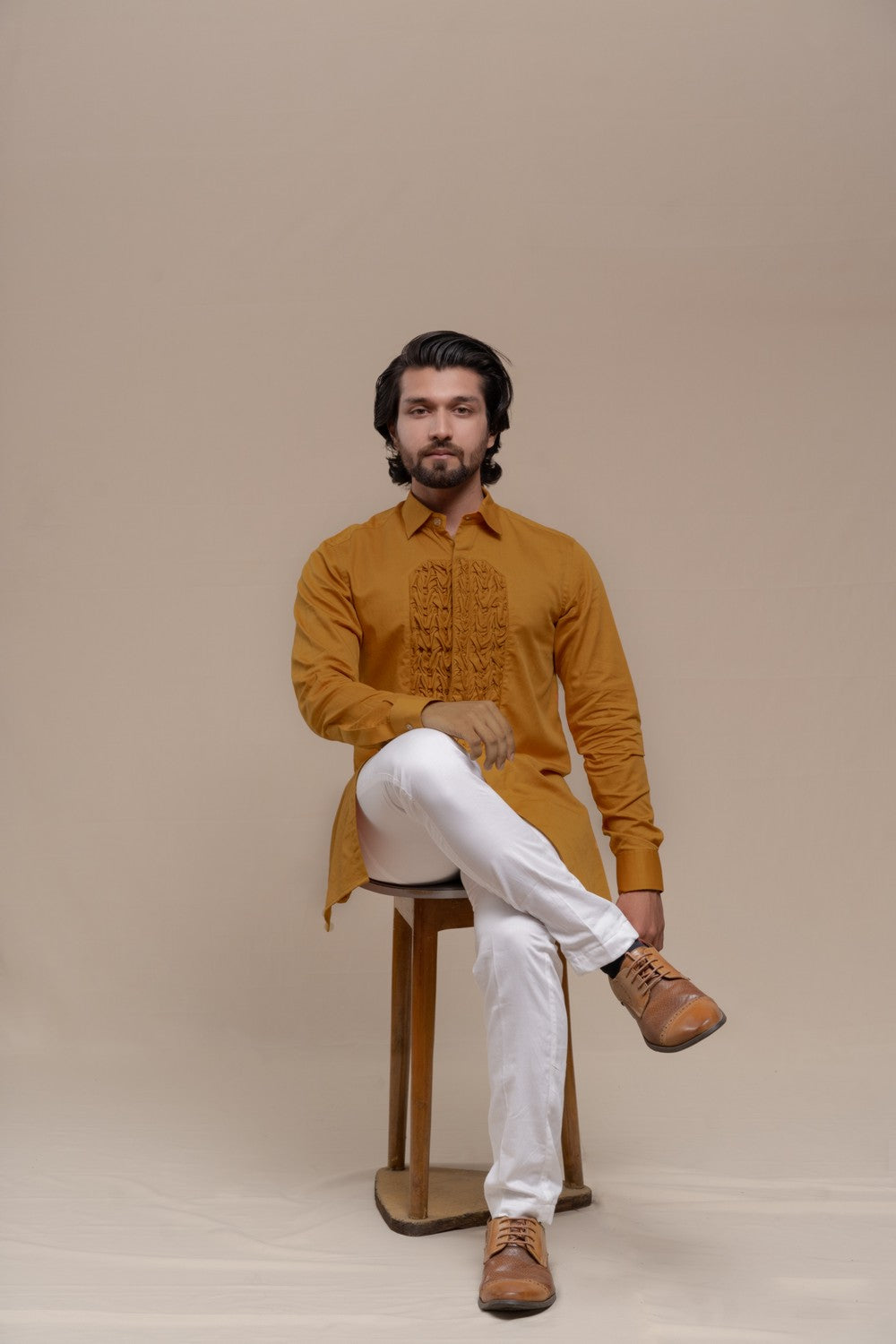 OCHRE SMOCKING SHORT KURTA TUXEDO SHIRT SET