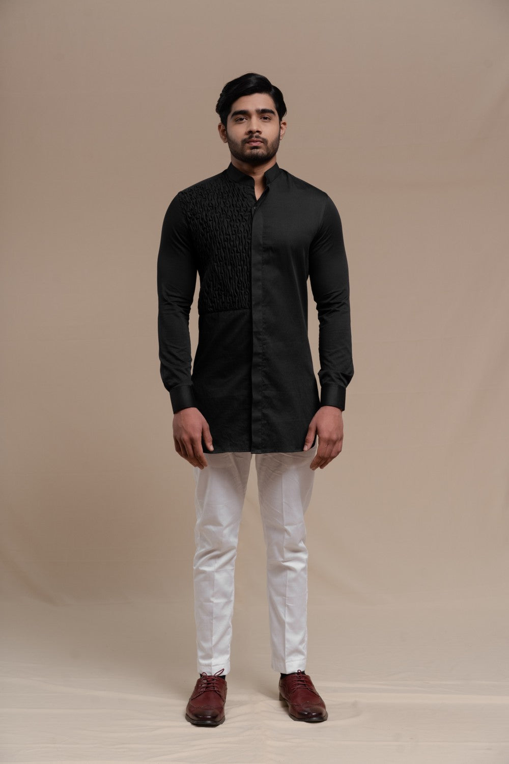 BLACK SMOCKING SHORT KURTA/TUXEDO SHIRT