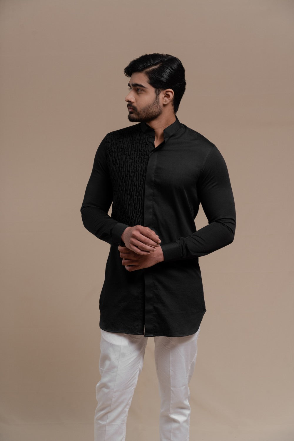 BLACK SMOCKING SHORT KURTA/TUXEDO SHIRT