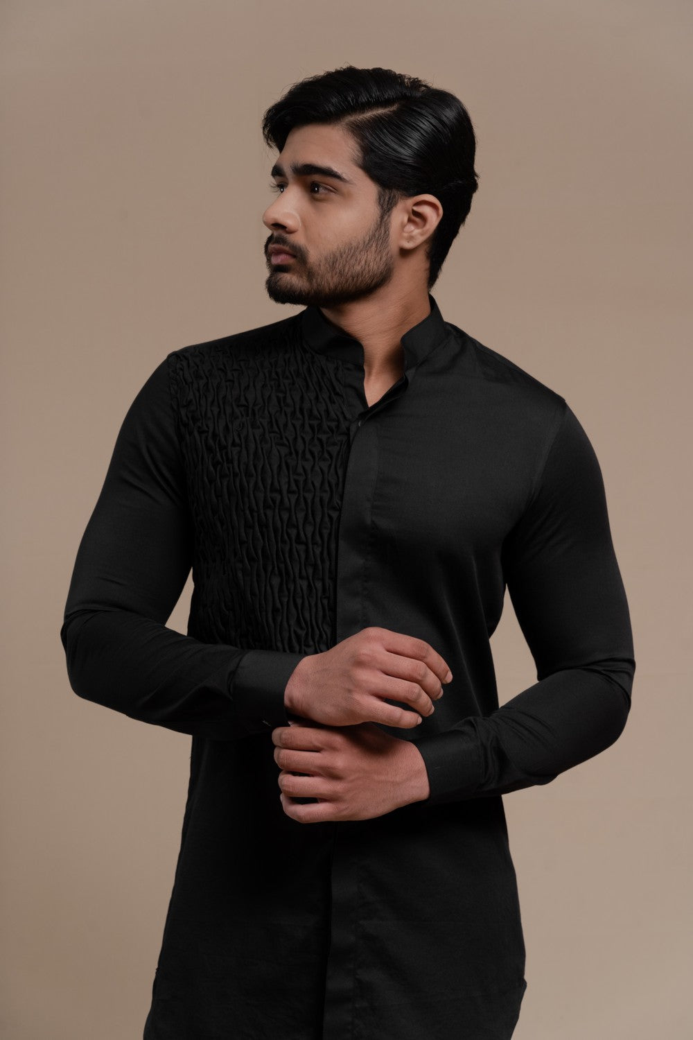 BLACK SMOCKING SHORT KURTA/TUXEDO SHIRT