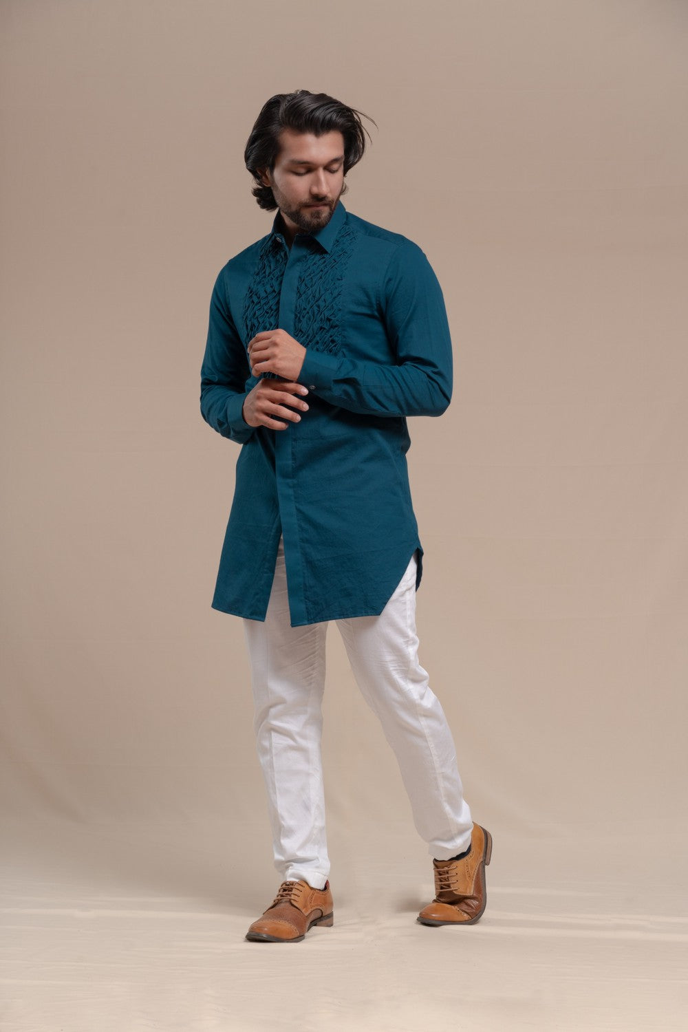 BLUE SMOCKING SHORT KURTA/TUXEDO SHIRT