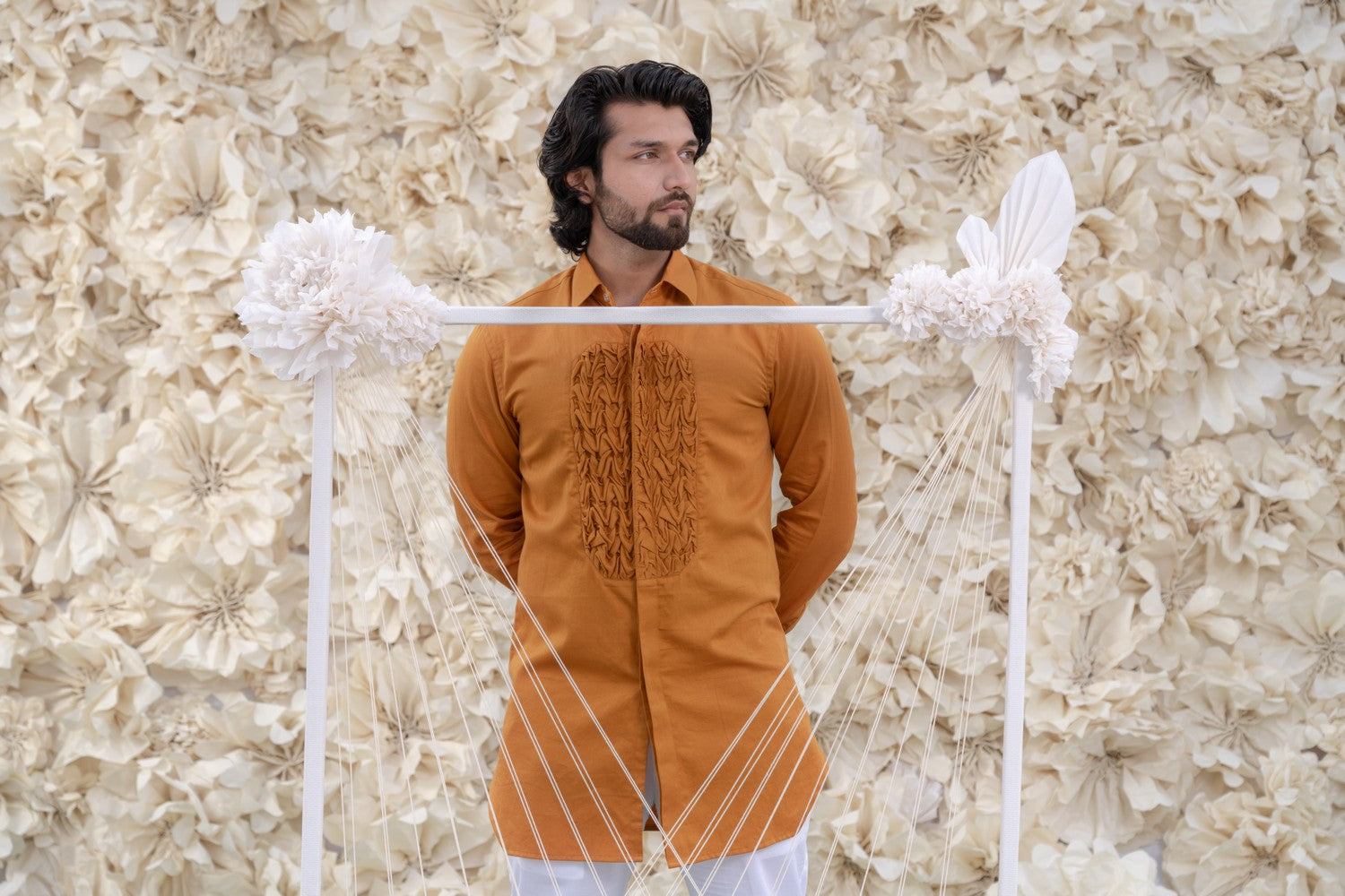 OCHRE SMOCKING SHORT KURTA TUXEDO SHIRT SET