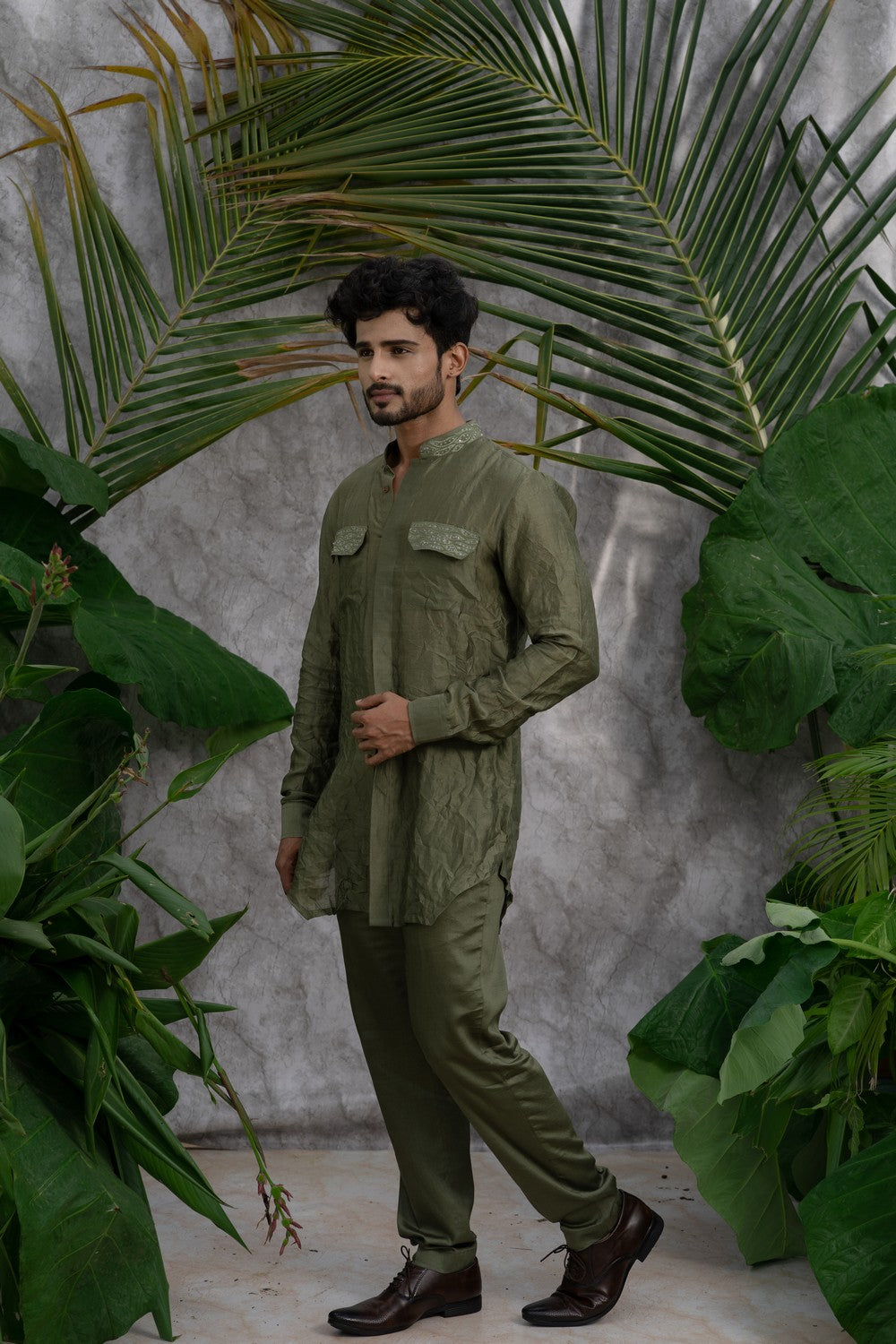 olive green kurta for men