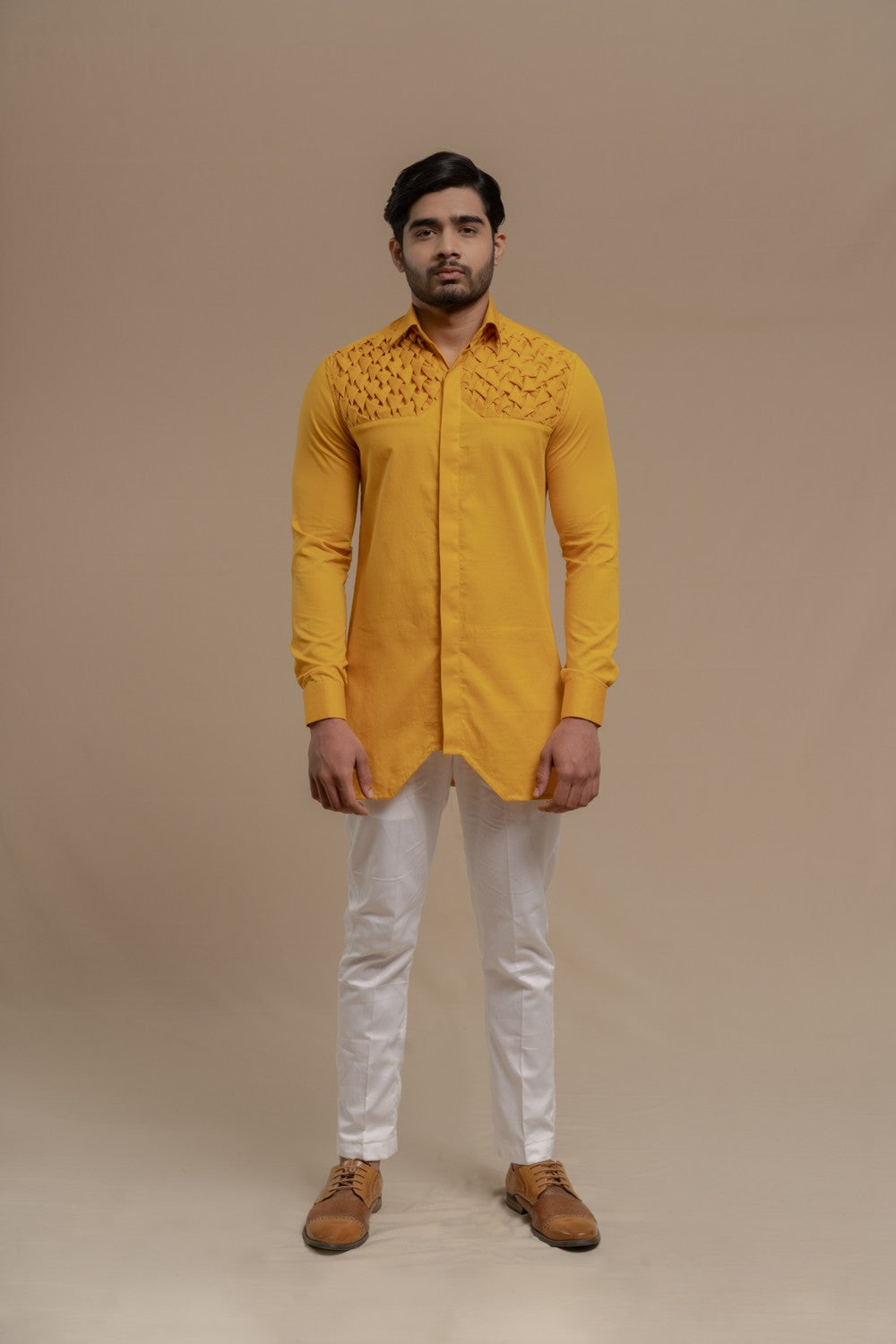 MUSTARD SMOCKING SHORT KURTA/TUXEDO SHIRT