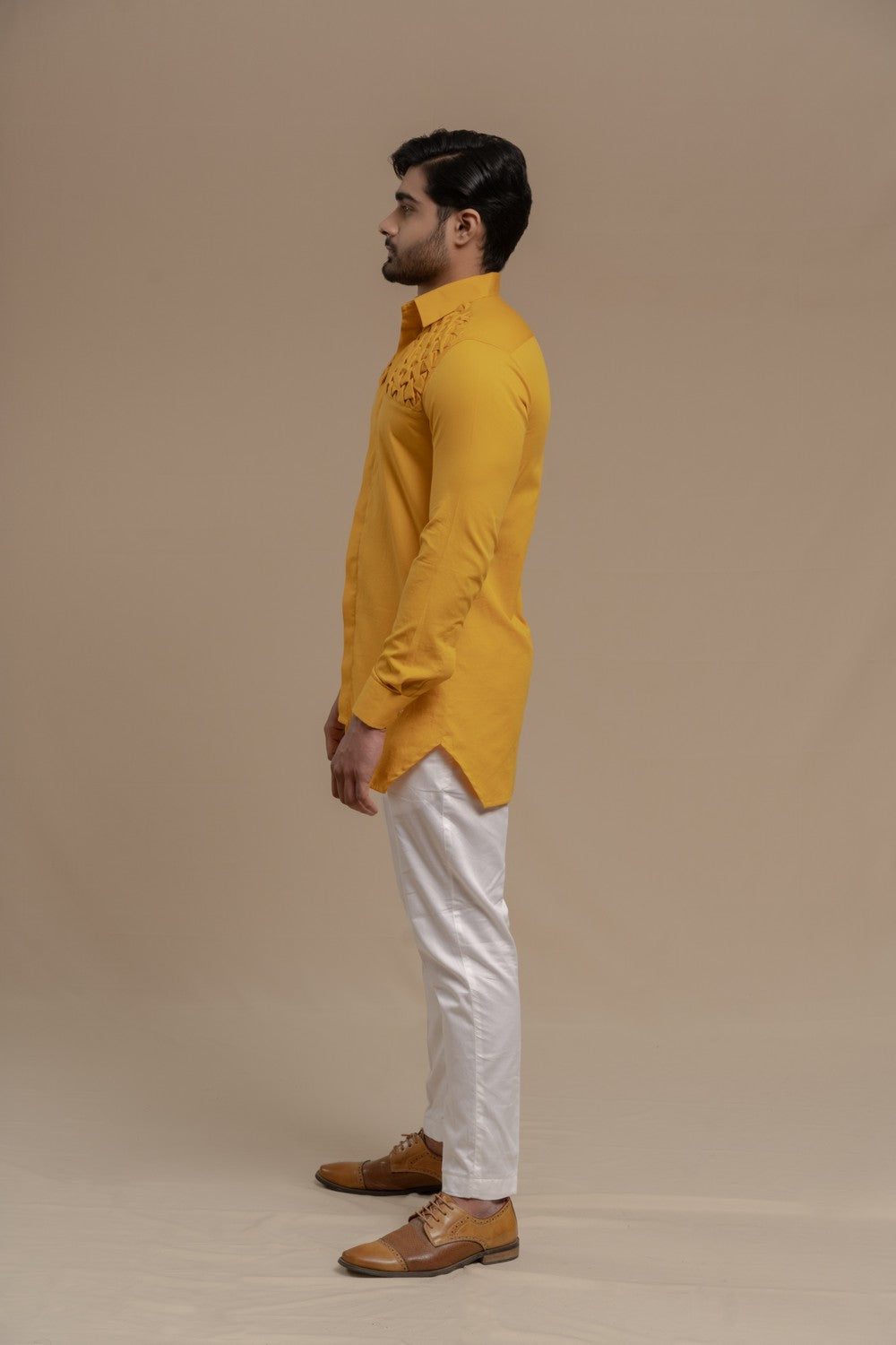 MUSTARD SMOCKING SHORT KURTA/TUXEDO SHIRT