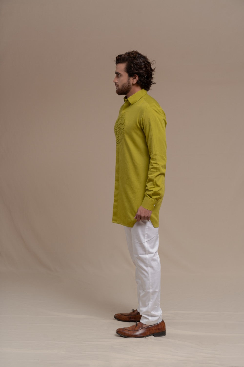 GREEN SMOCKING SHORT KURTA TUXEDO SHIRT