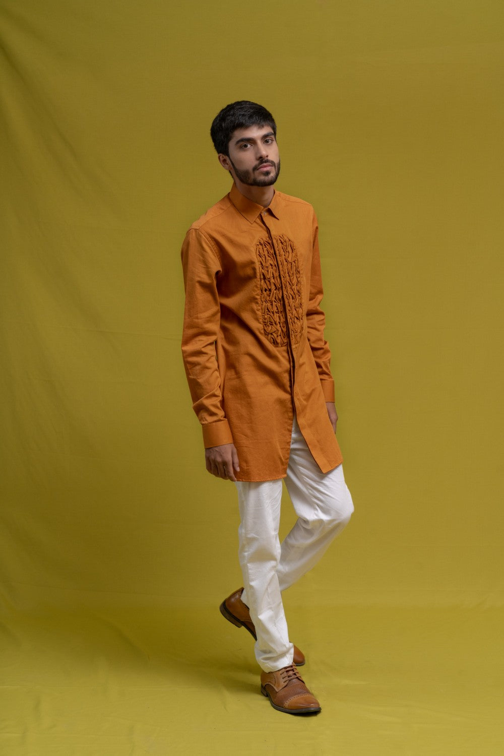 OCHRE SMOCKING SHORT KURTA TUXEDO SHIRT SET