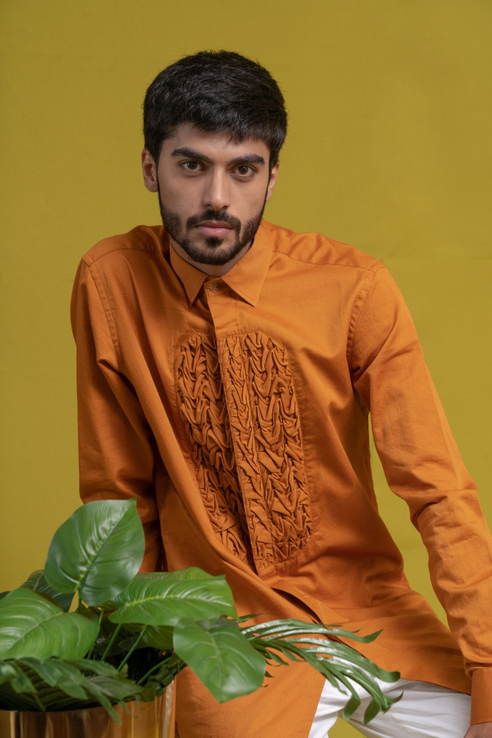 OCHRE SMOCKING SHORT KURTA TUXEDO SHIRT SET