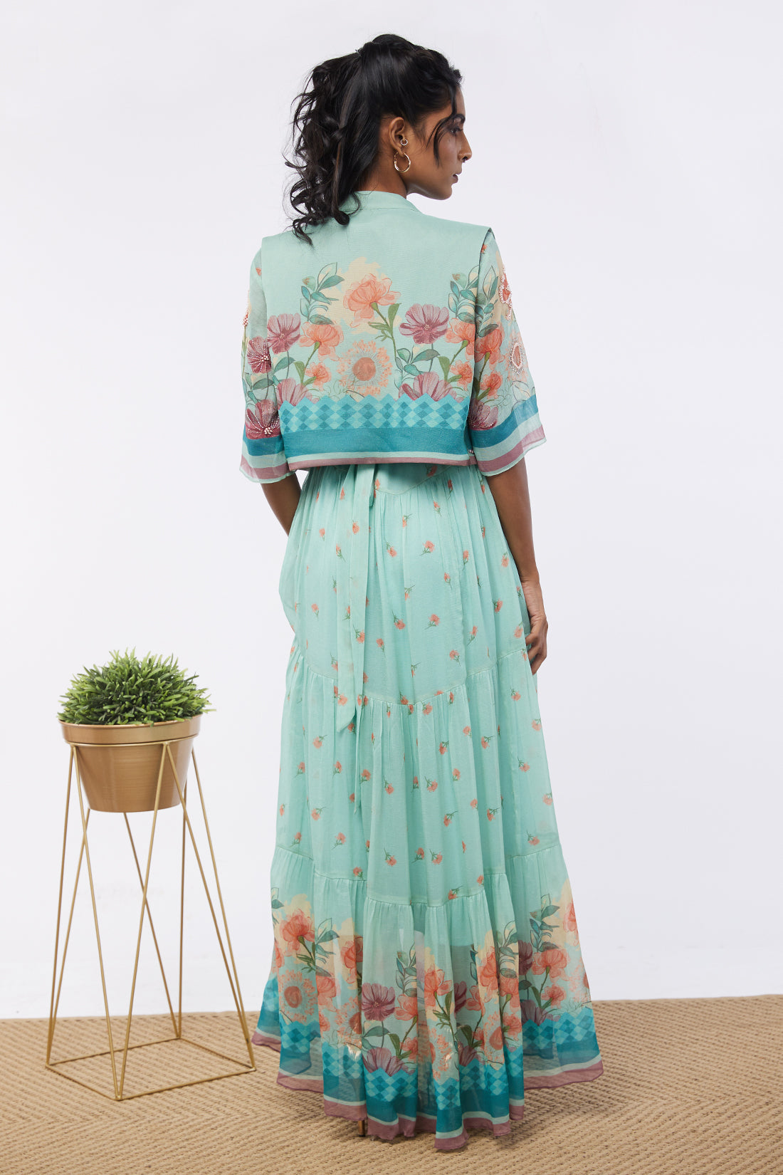 Blooming Bud Printed Tiered Dress With Jacket