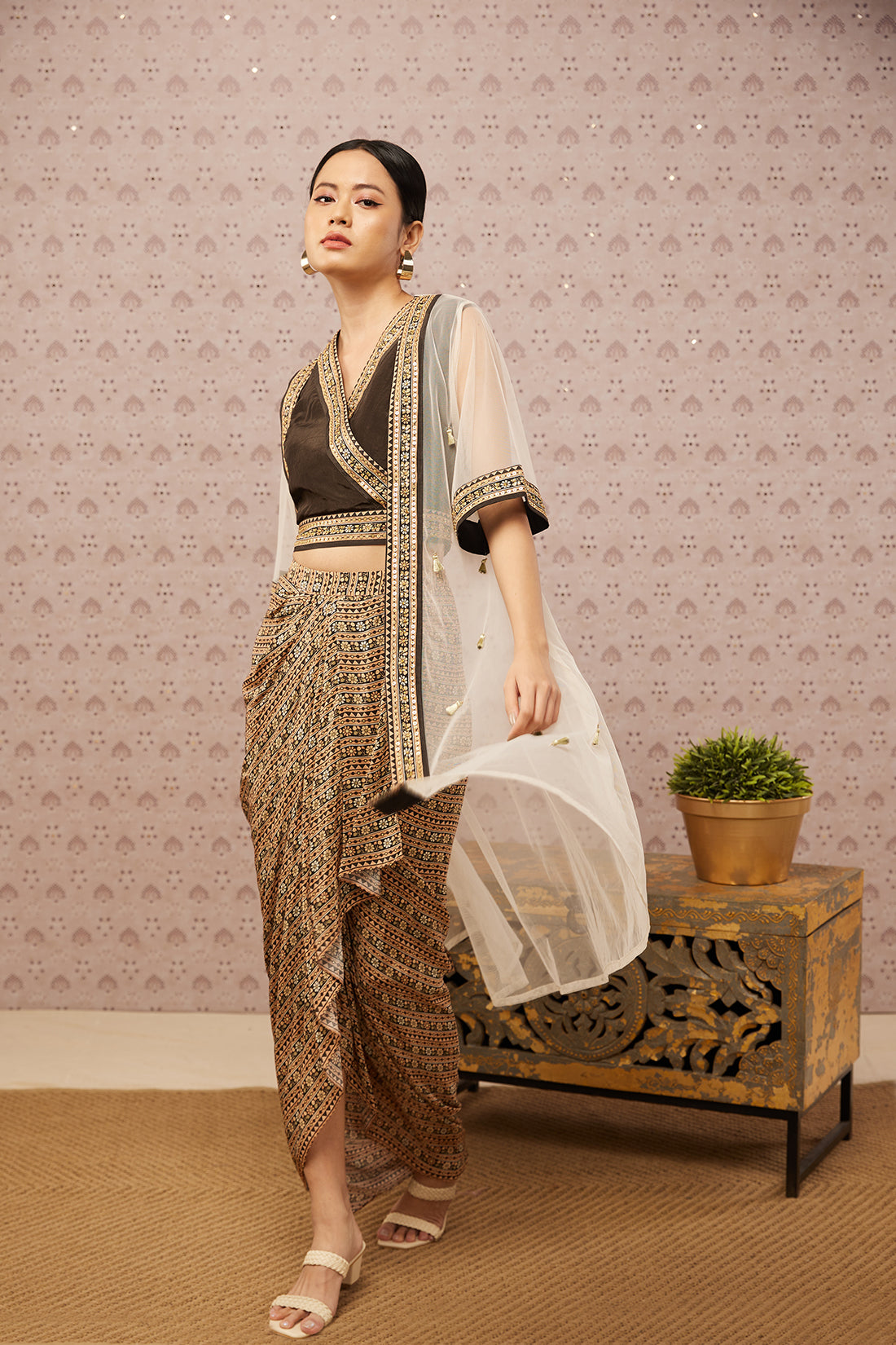 Sarouk Printed Drape Skirt Set With Jacket