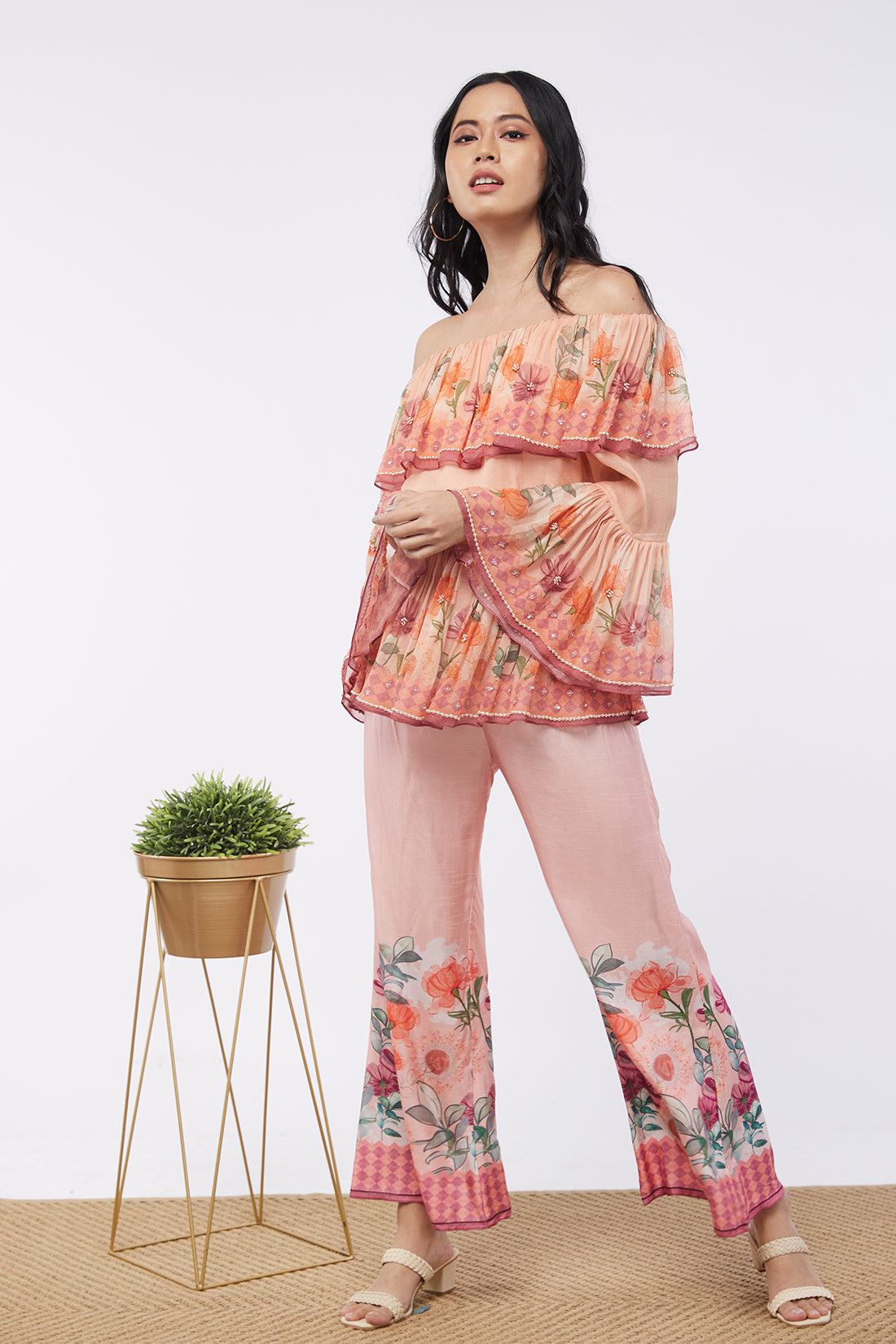 Blooming Bud Printed Off-Shoulder Embroidered Top With Flared Pants