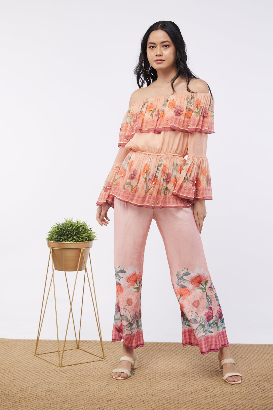 Blooming Bud Printed Off-Shoulder Embroidered Top With Flared Pants