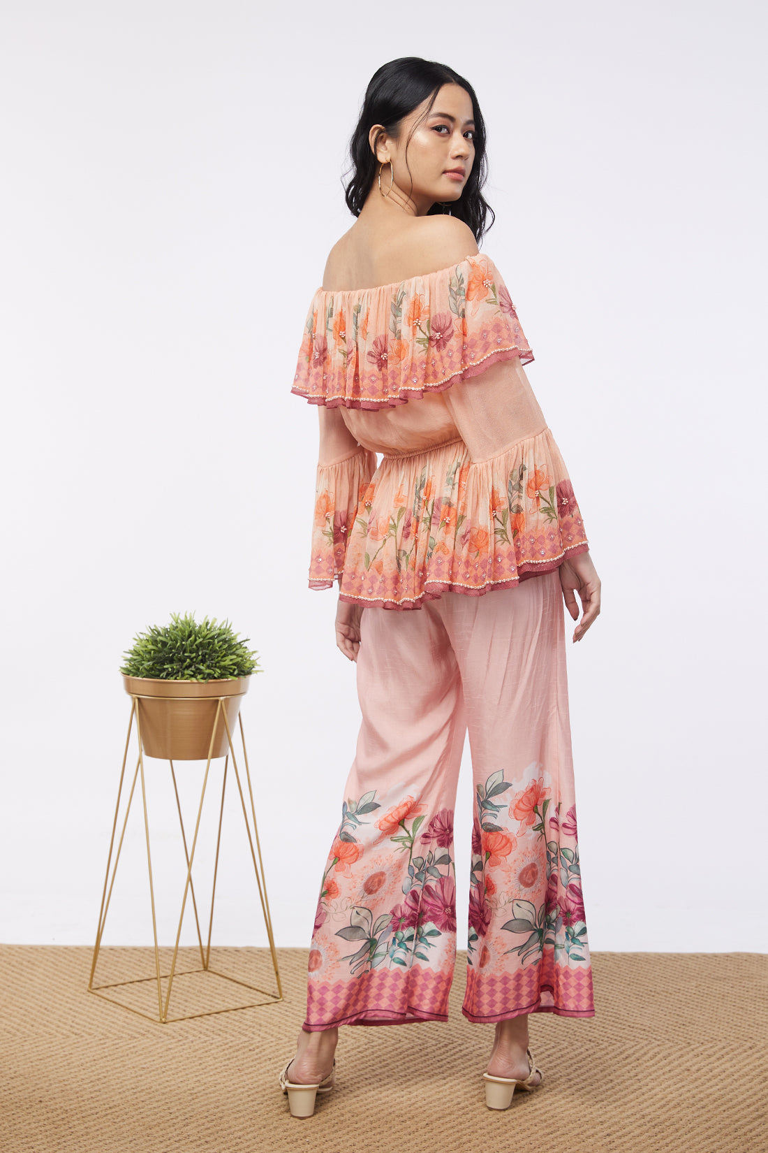 Blooming Bud Printed Off-Shoulder Embroidered Top With Flared Pants