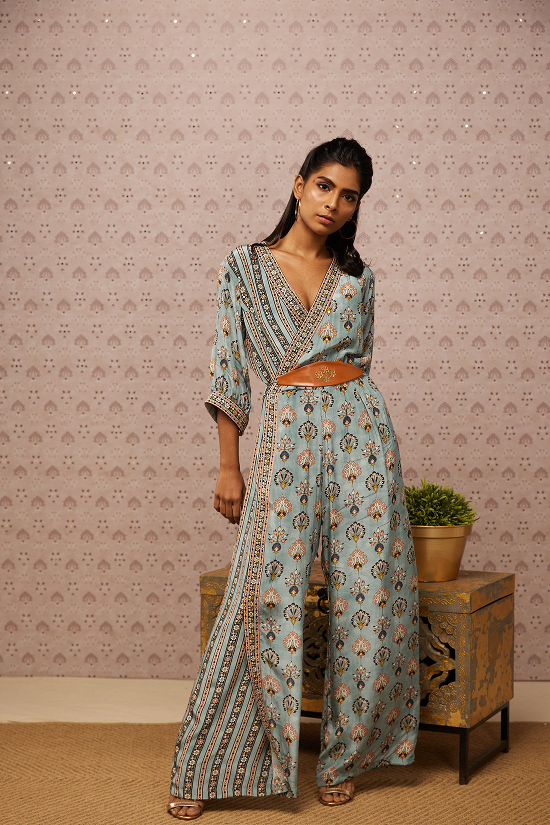 Sarouk Printed Overlap Jumpsuit With Belt