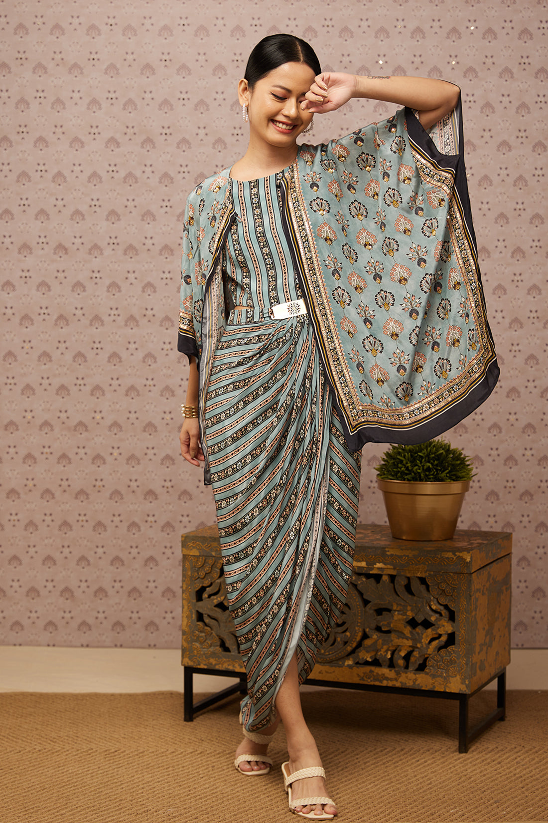 Sarouk Embroidered Drape Dress With Cape