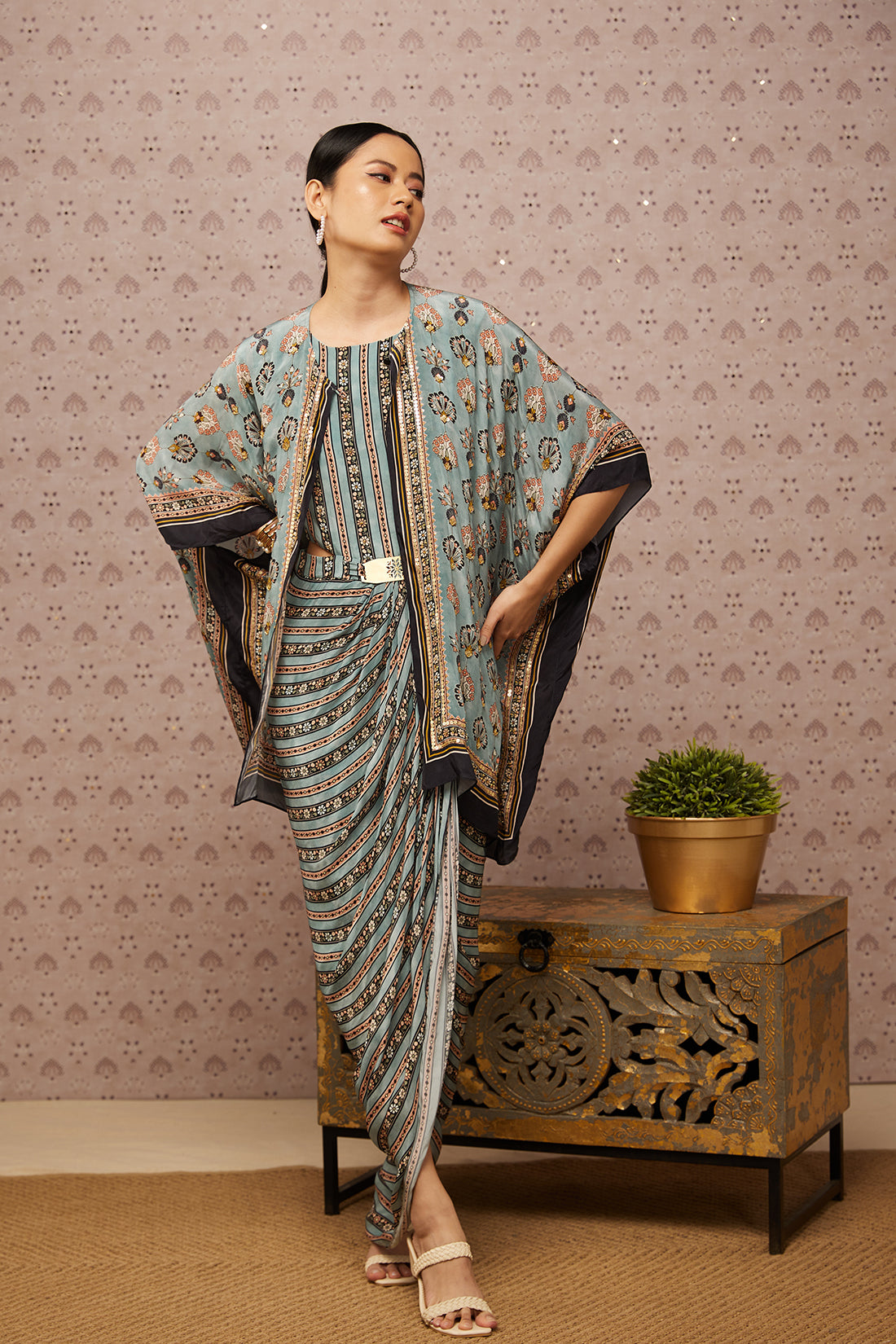 Sarouk Embroidered Drape Dress With Cape