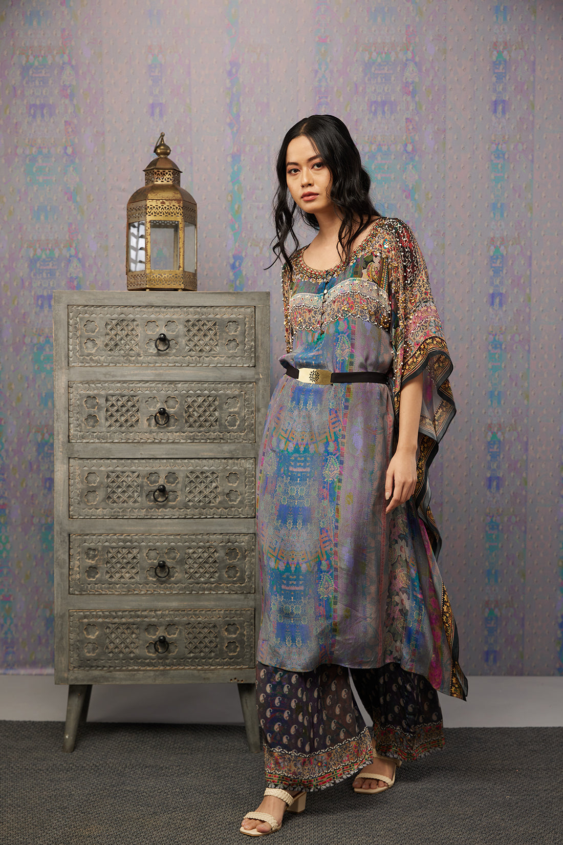 Ikaya Embroidered Kaftan Set With Belt