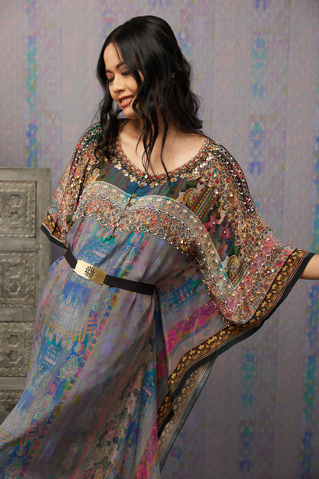 Ikaya Embroidered Kaftan Set With Belt