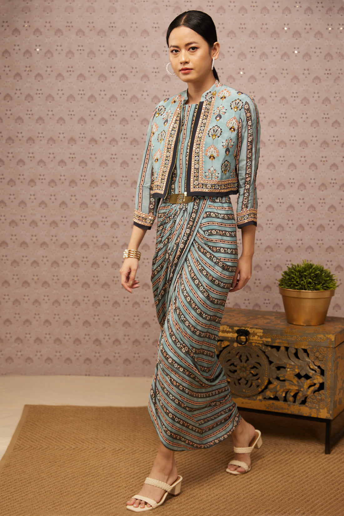 Sarouk Printed Drape Dress With Jacket