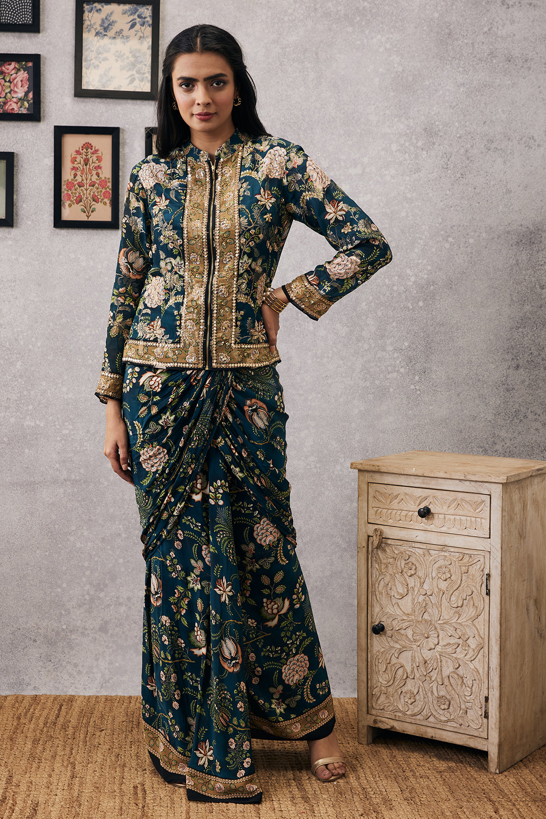 Mehr embroidered jacket with drape skirt