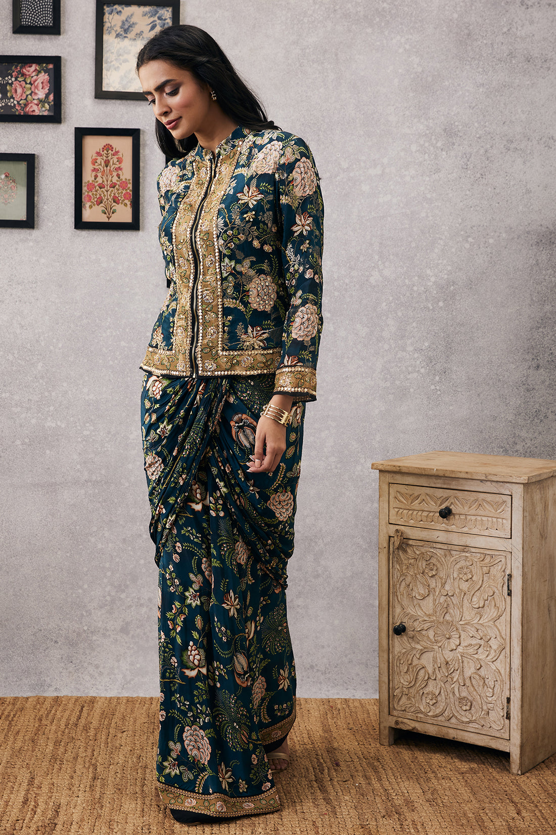 Mehr embroidered jacket with drape skirt