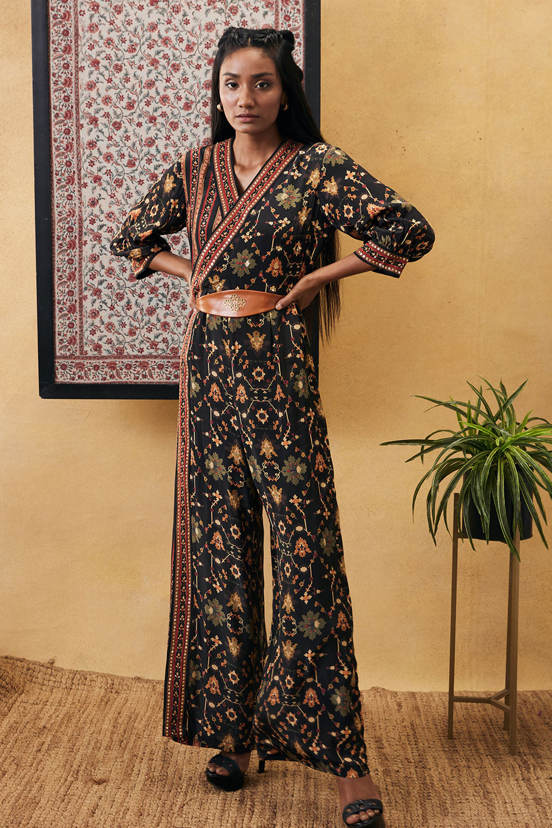 Zahra printed overlap jumpsuit with belt