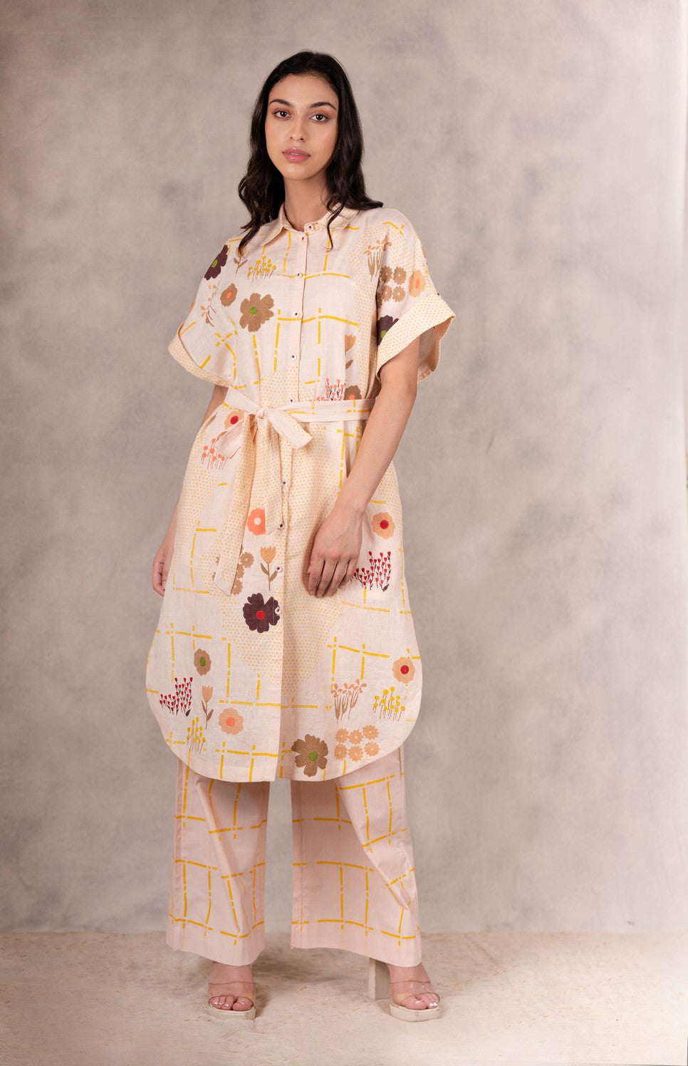 FLORAL PRINTED AND EMBROIDERED SHIRT DRESS