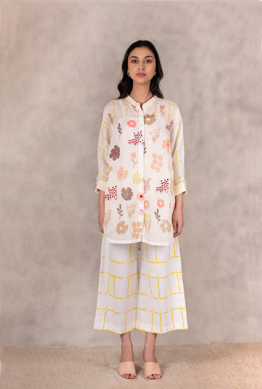 FLORAL PRINTED AND EMBROIDERED LONG SHIRT AND PANTS