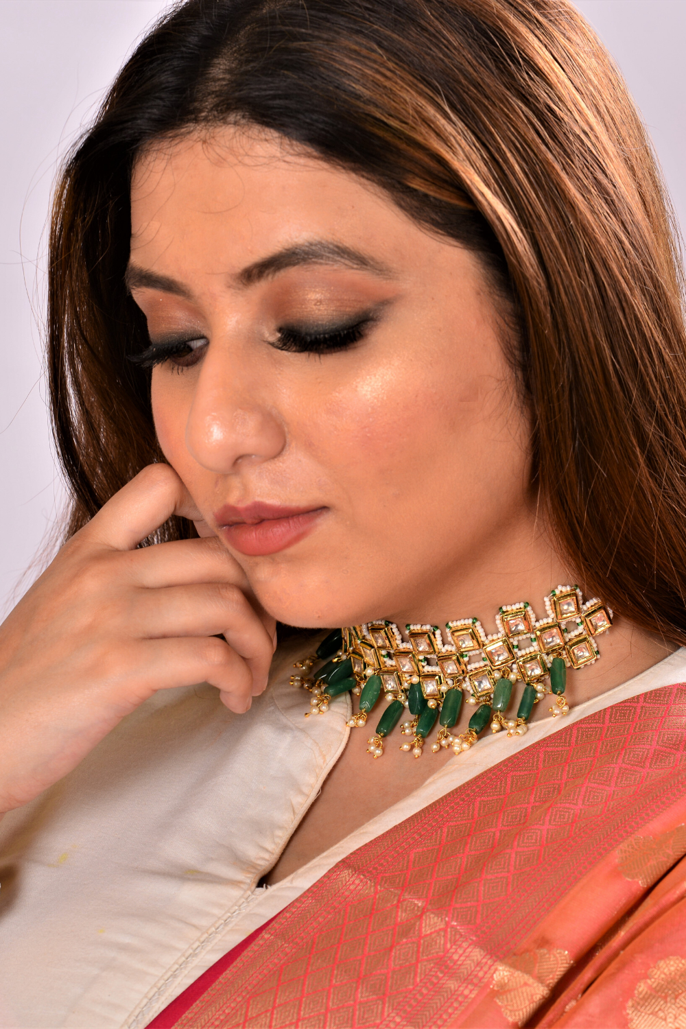 Square kundankari choker  with green beads (set with earrings)