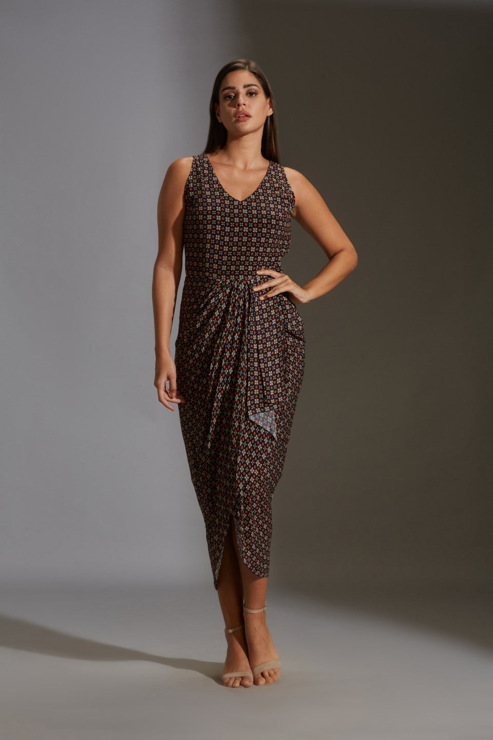 Printed drape dress with  top