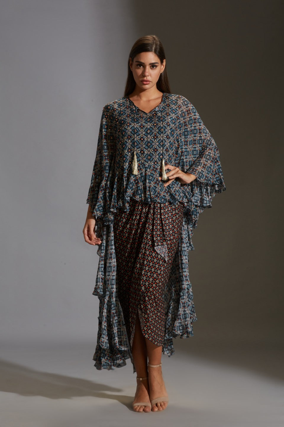 Printed drape dress with  top