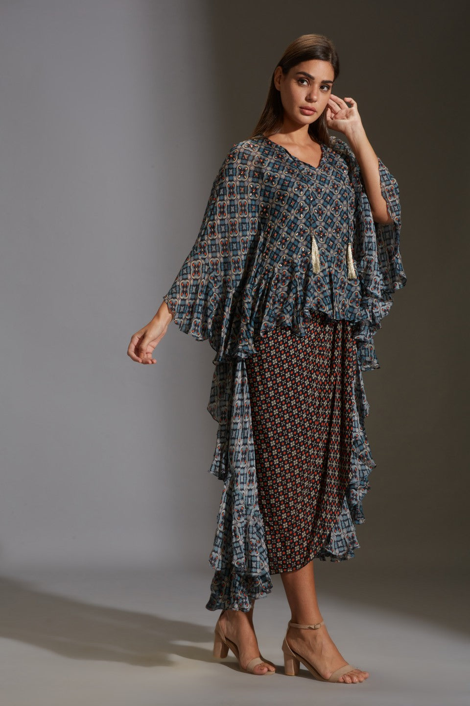 Printed drape dress with  top