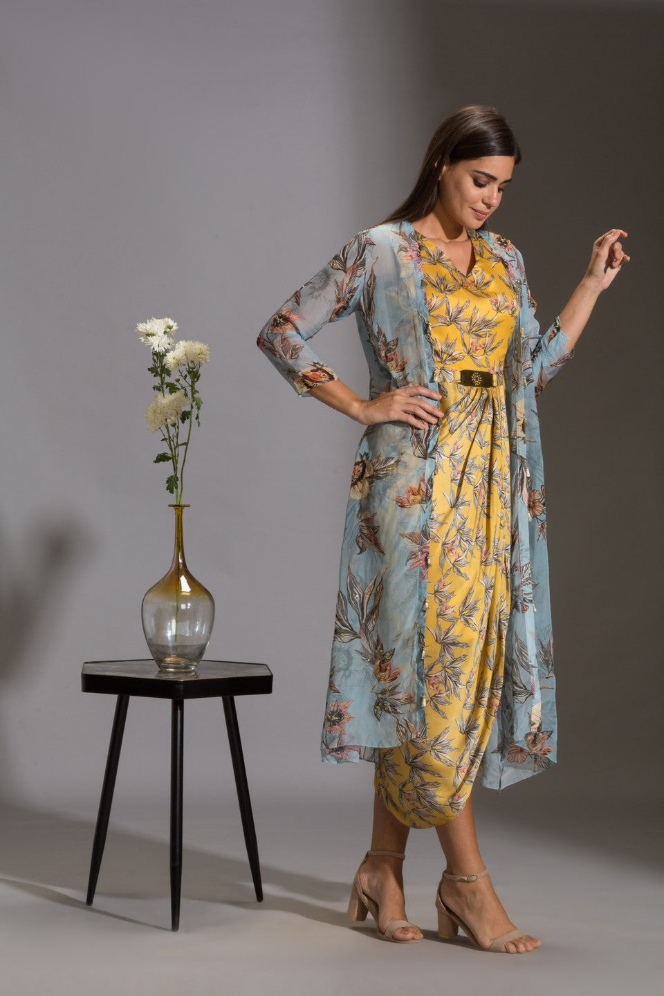 Printed drape dress with  jackets